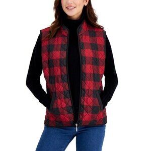 Karen Scott Women's Red and Black Buffalo-Check / Plaid Puffer Vest NWT